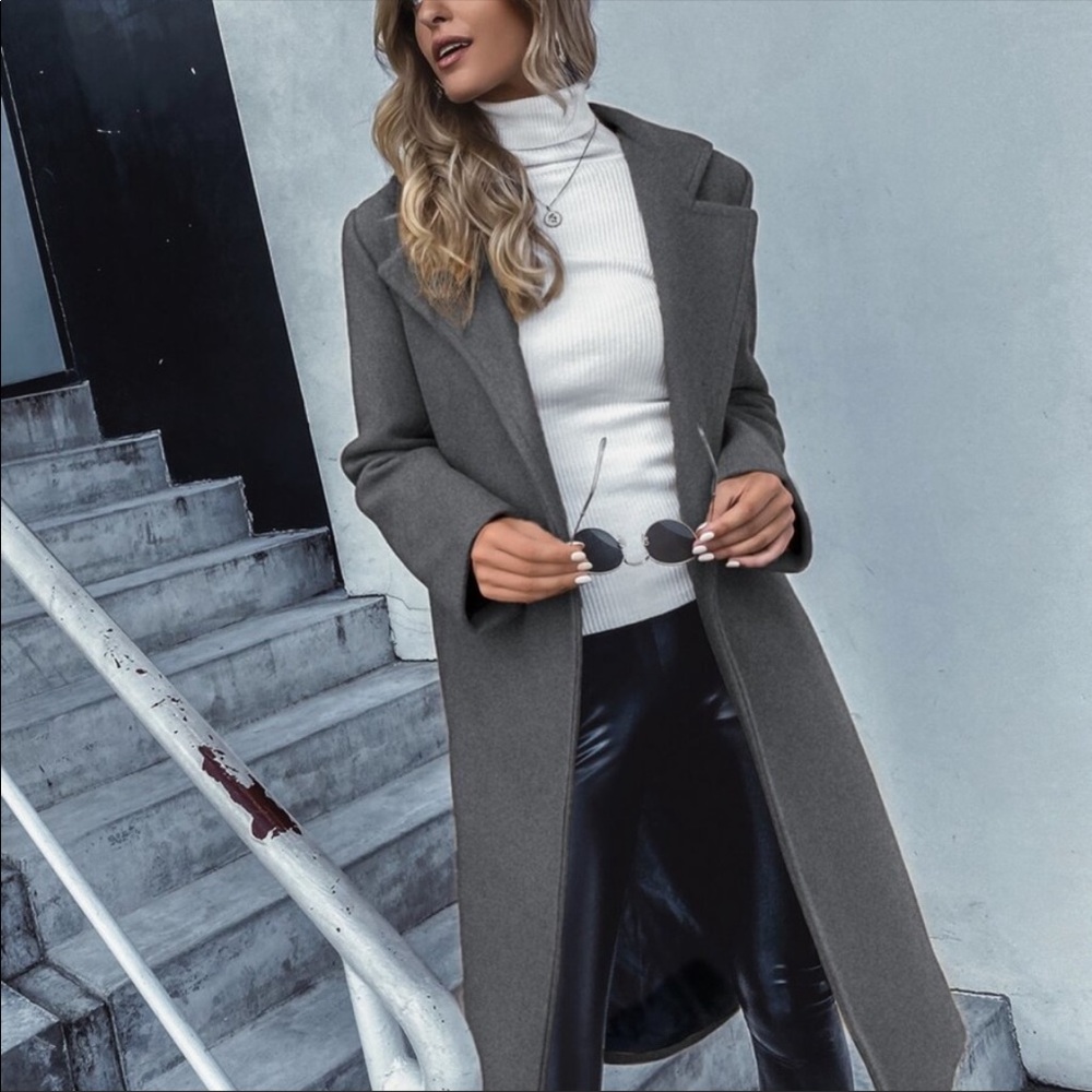 Trench coat pea coat jacket charcoal gray grey - Picture 8 of 16